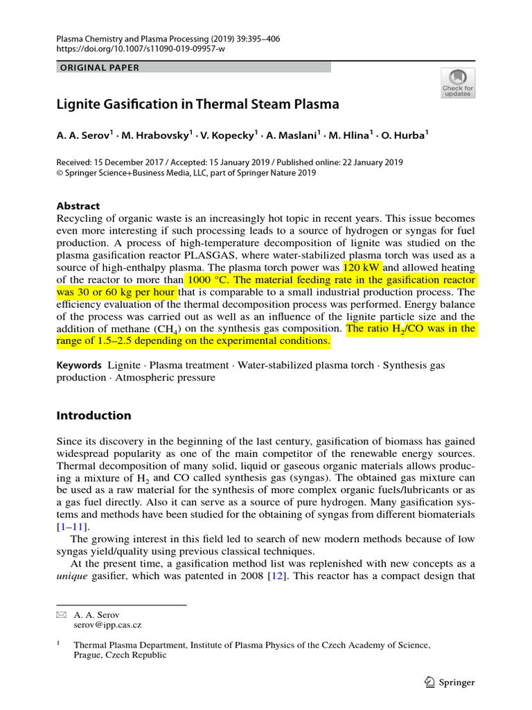 Lignite Gasification Using Plasma Technology | PDF | Gasification | Methane