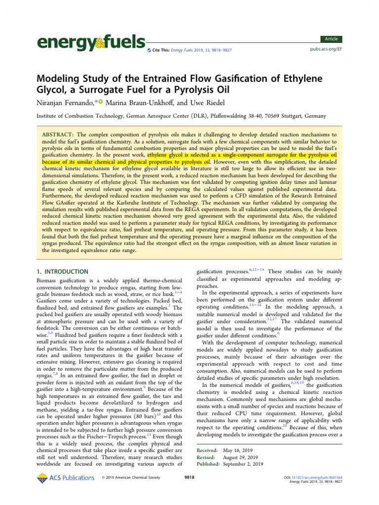 Ethylene Glycol Gasiﬁcation Modeling Study | PDF | Gasification ...