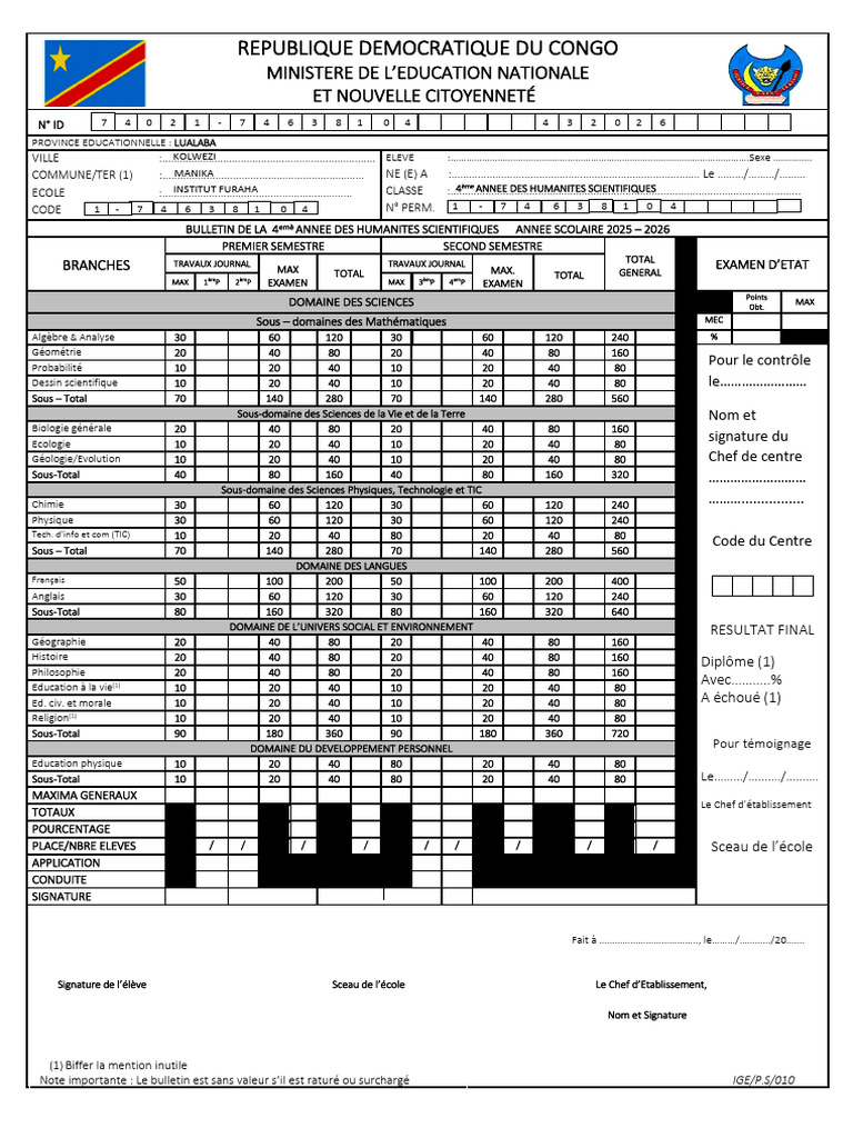 Bulletin Scolaire 4ème Année RDC 2025-2026 | PDF | Mathématiques | Science