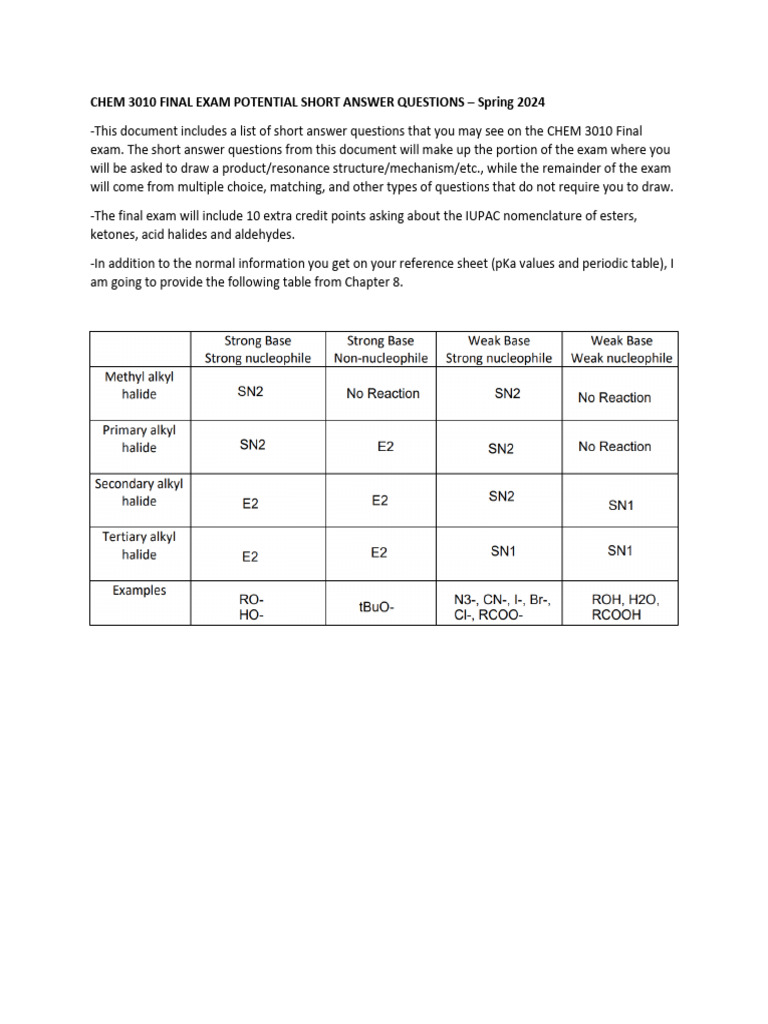 CHEM 3010 Final Exam Short Answers | PDF | Chemical Reactions | Unit ...