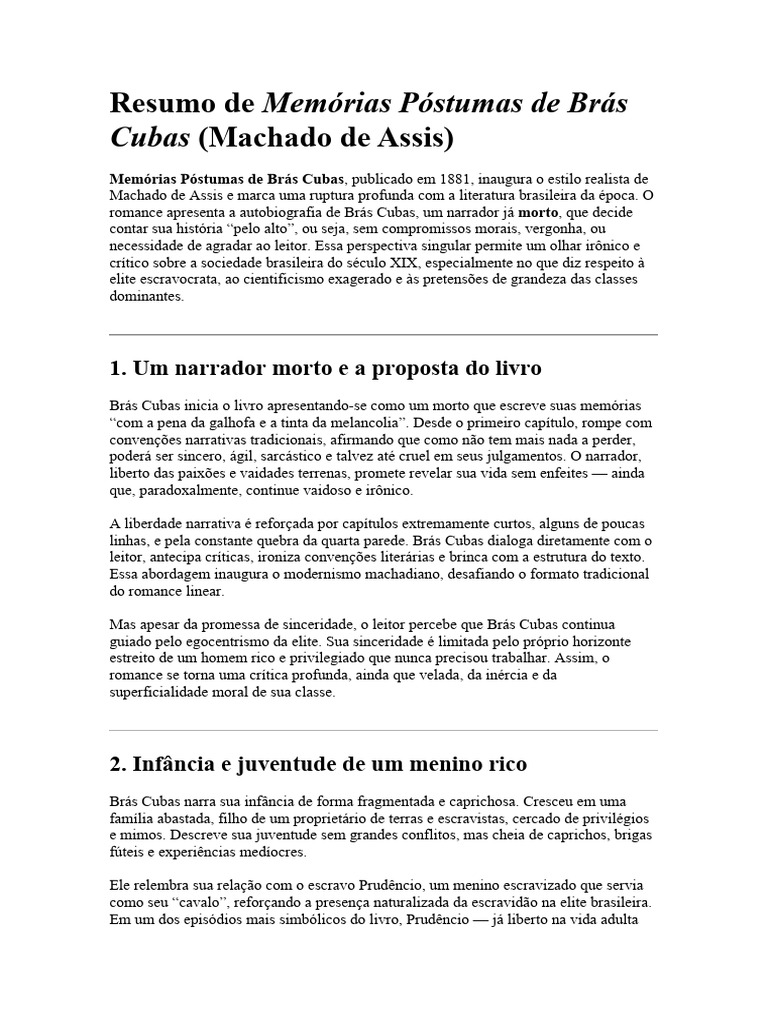 Resumo de Memórias Póstumas de Brás Cubas | PDF