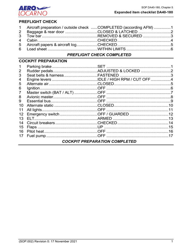 DA40-180 Preflight & Engine Start Checklist | PDF | Vehicles | Aviation
