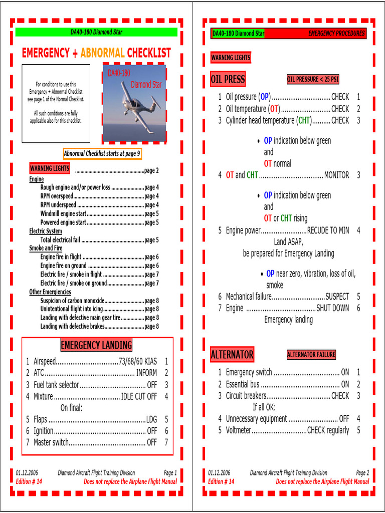 DA40-180 Diamond Star Emergency Checklist | PDF