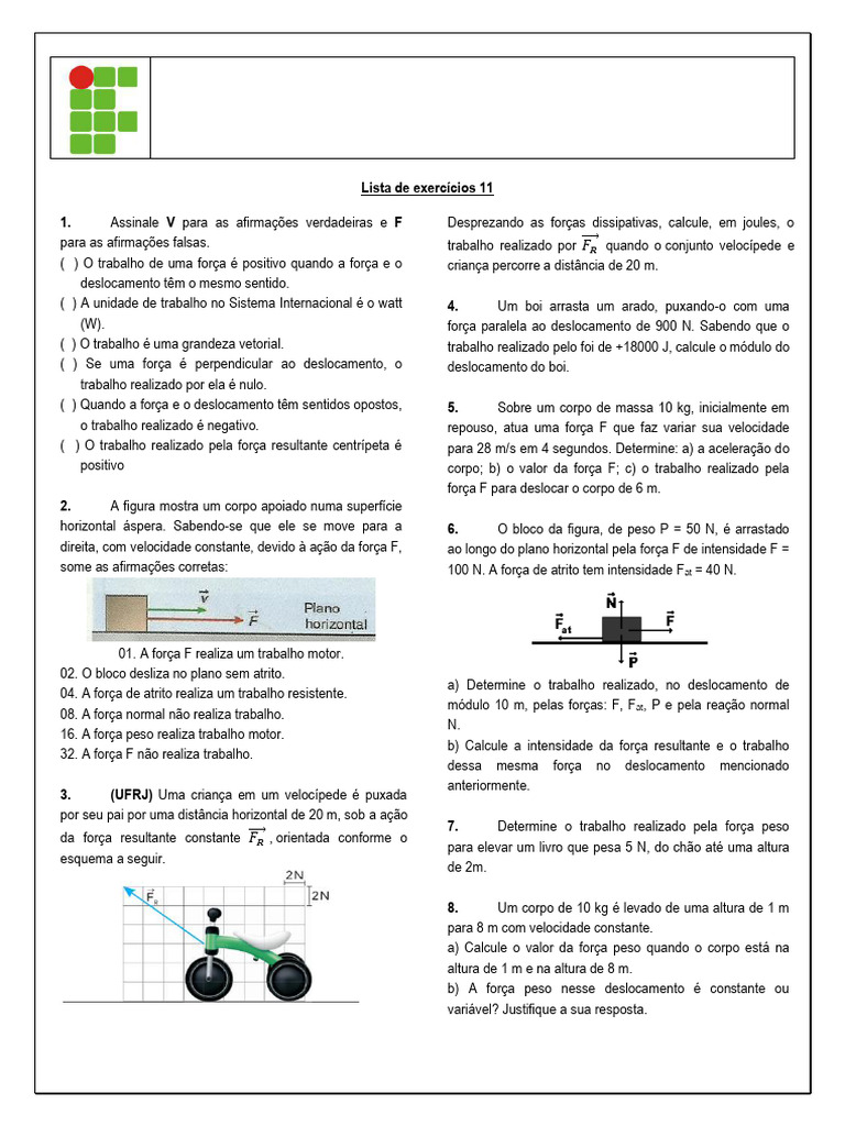 Lista de Exercícios de Trabalho em Física | PDF | Potência (Física ...