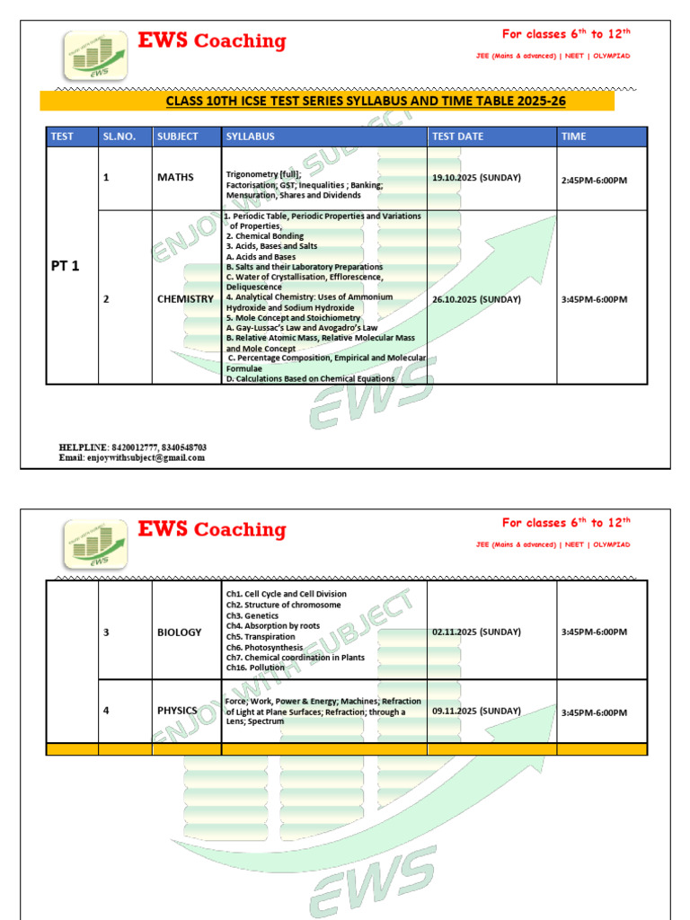 Class 10 ICSE Test Series Schedule 2025-26 | PDF | Chemistry | Acid