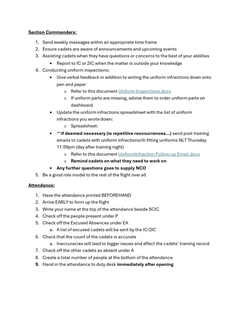 Section Commanders' Weekly Duties Guide | PDF
