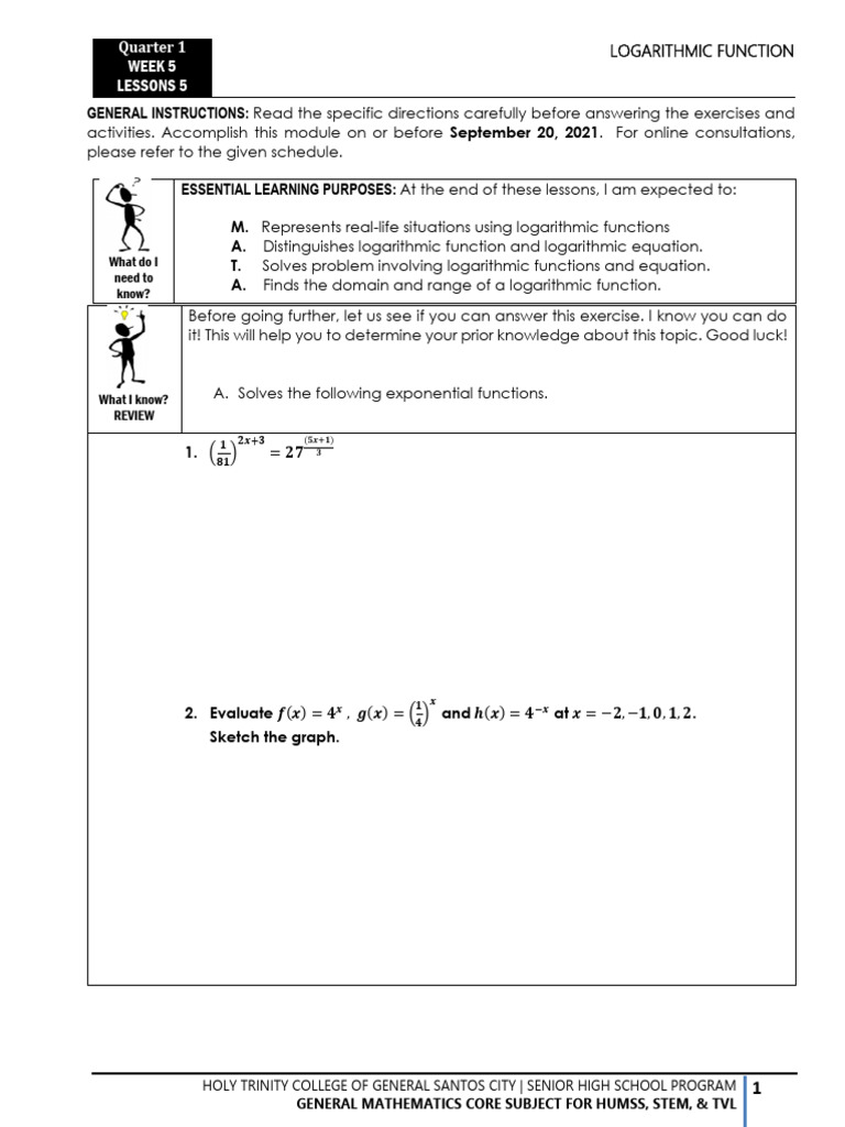 Week 5 Lessons 5: September 20, 2021 | PDF | Logarithm | Function ...
