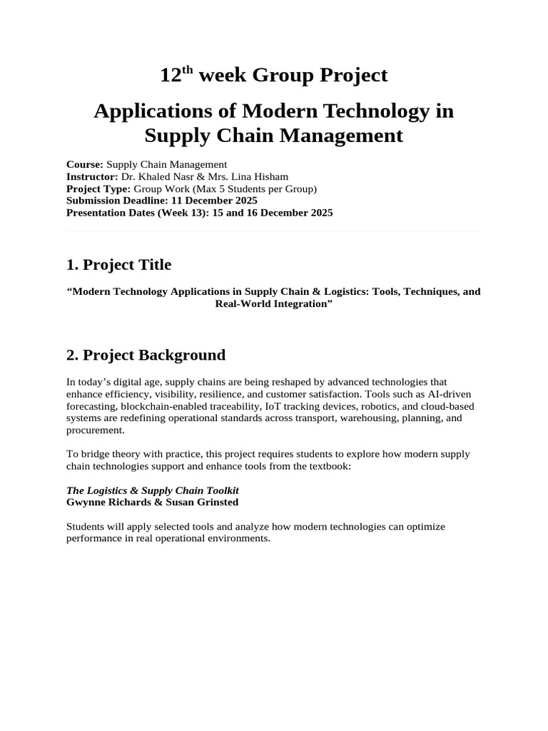 12th Week Group Project - Supply Chain Managementy - DR Khaled Nasr ...