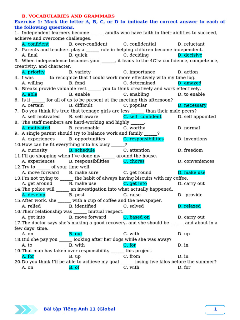 English Vocabulary and Grammar Exercises | PDF | Psychological Concepts ...