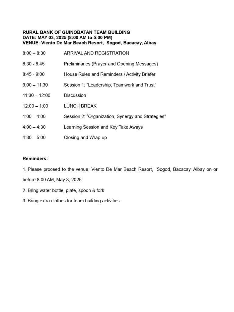 Rbgi Team Building Schedule - b29665cd E9b1 4841 A77e 2f07a666f688 | PDF