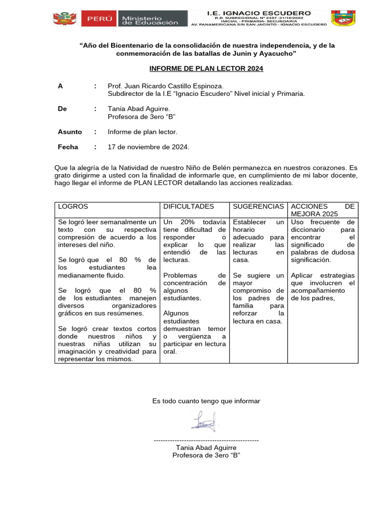 Informe Plan Lector 2024 2 | PDF