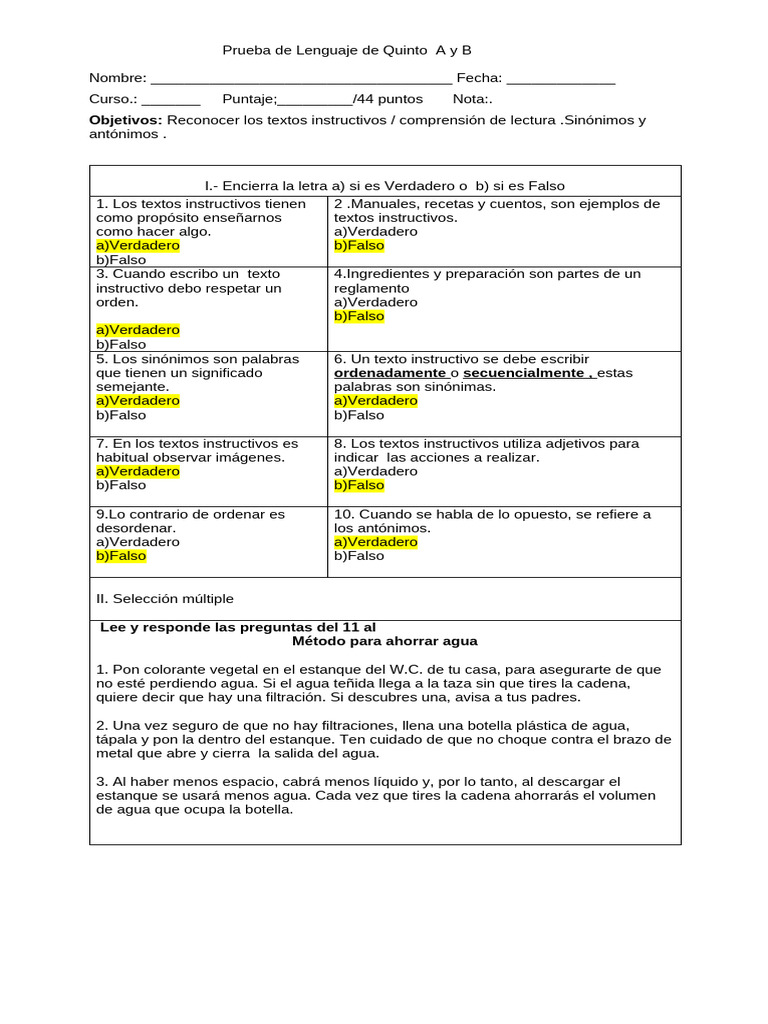 Prueba de Lenguaje Quinto A y B | PDF | Fruta | Agua
