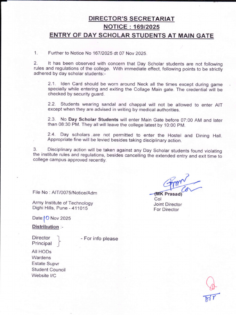 Notice No 169 of 2025 - Entry of Day Scholar Students at Main Gate | PDF