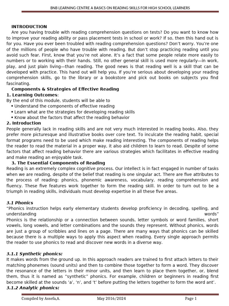 11 Reading Skills Note For Only Students | PDF | Phonics | Reading ...