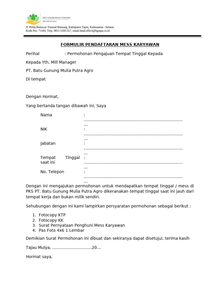 Formulir dan Aturan Mess Karyawan PT BGMPA | PDF