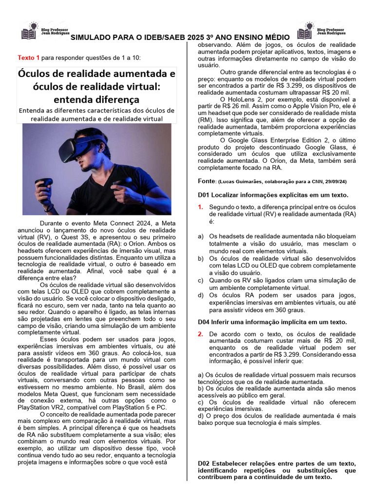 Diferenças entre Realidade Aumentada e Virtual | PDF | Realidade ...