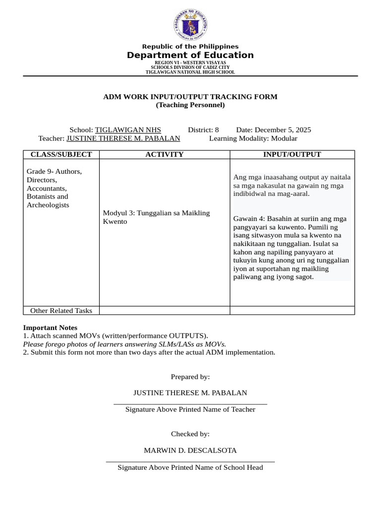 ADM Work InputOutput Tracking Form July 23 | PDF | Philippines