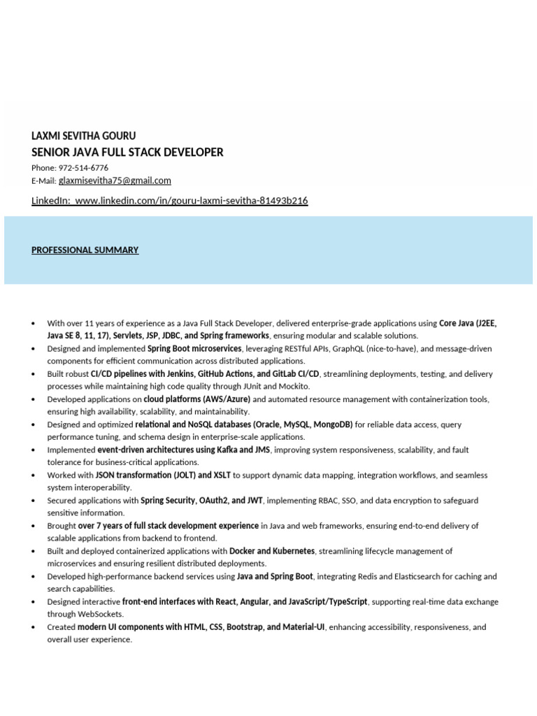 Senior Java Full Stack Developer Resume | PDF | Java (Programming ...