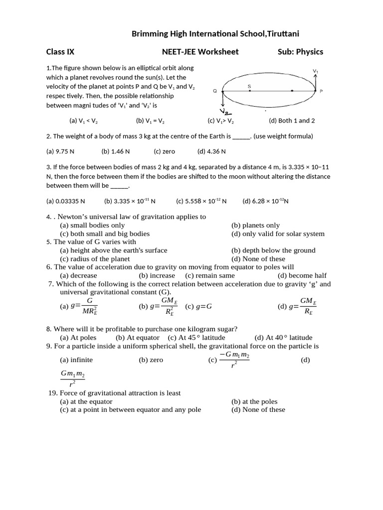 NEET-JEE Physics Worksheet for Class IX | PDF | Gravity | Force