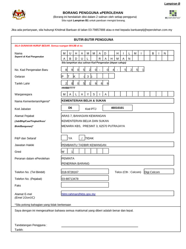 Borang Pengguna ePerolehan Malaysia | PDF