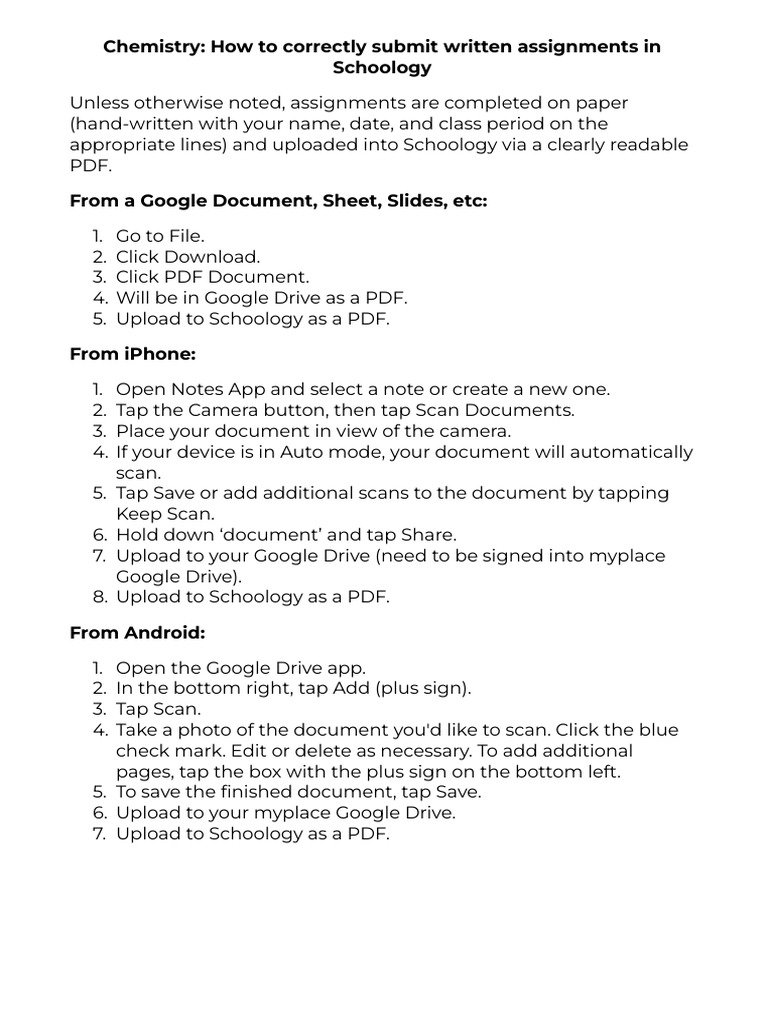 Chemistry - How To Correctly Submit Written Assignments in Schoology | PDF