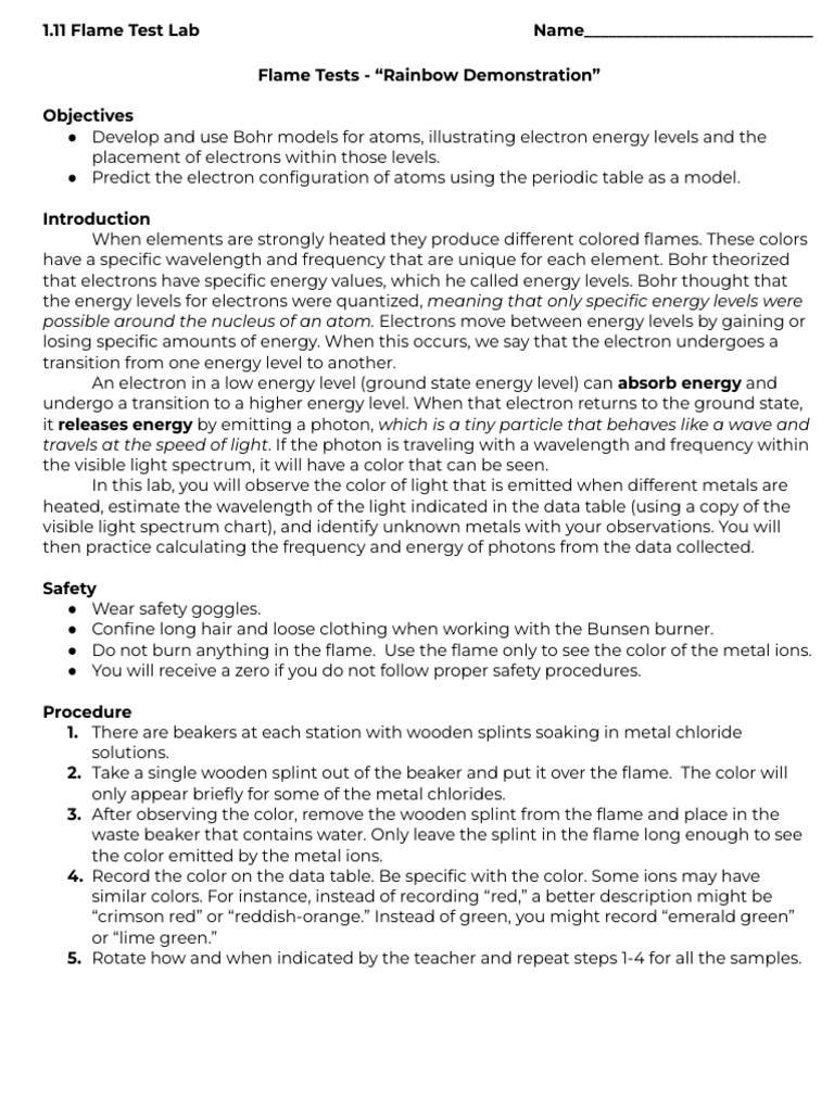 1.11 Flame Test Lab | PDF | Energy Level | Electron