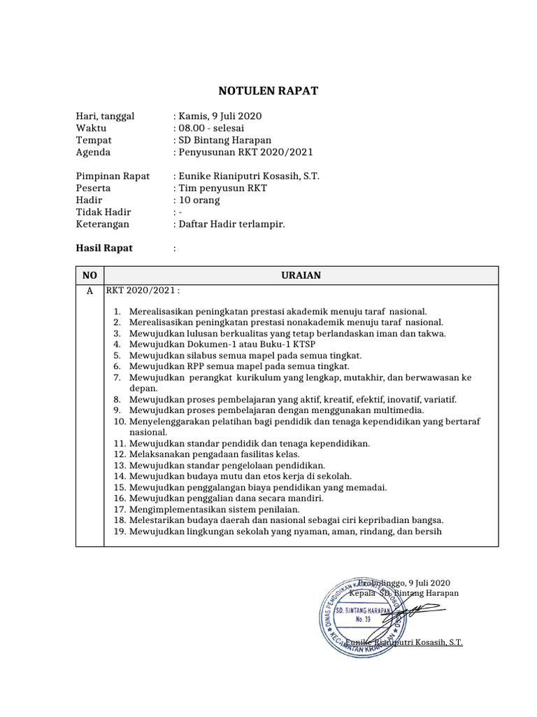Notulen Rapat Penyusunan RKT 2020/2021 | PDF