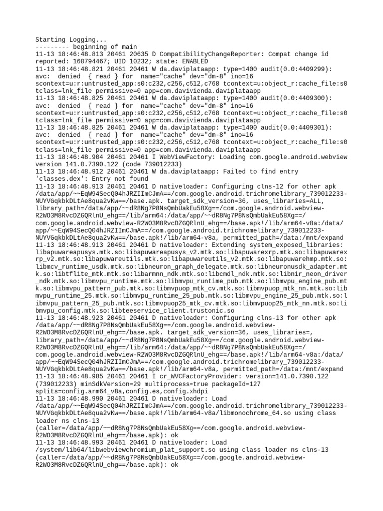 Davivienda App Logging Errors | PDF | Computing | Computer Programming