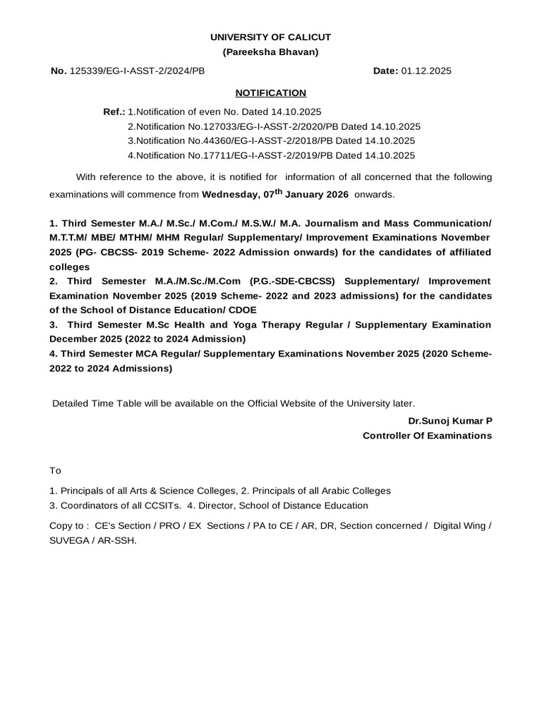 Commencement Notfn - Sem 3 - PG (CBCSS) Exam Nov Dec 2025 | PDF