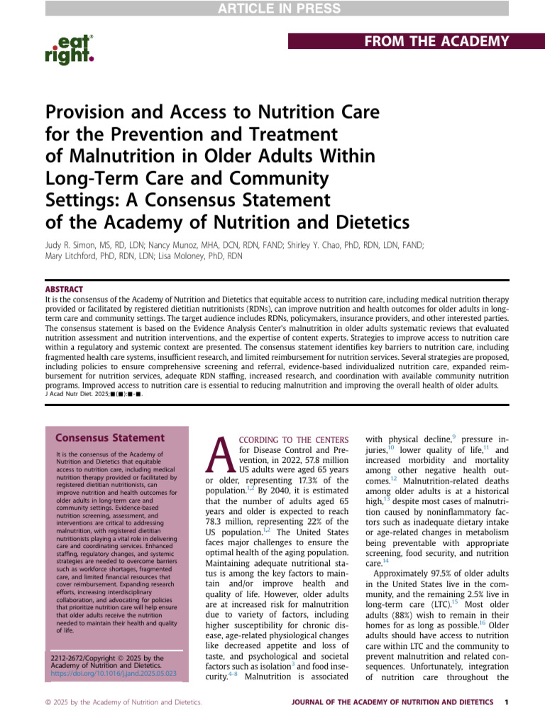 Nutrition Care Access for Older Adults | PDF | Dietitian | Malnutrition