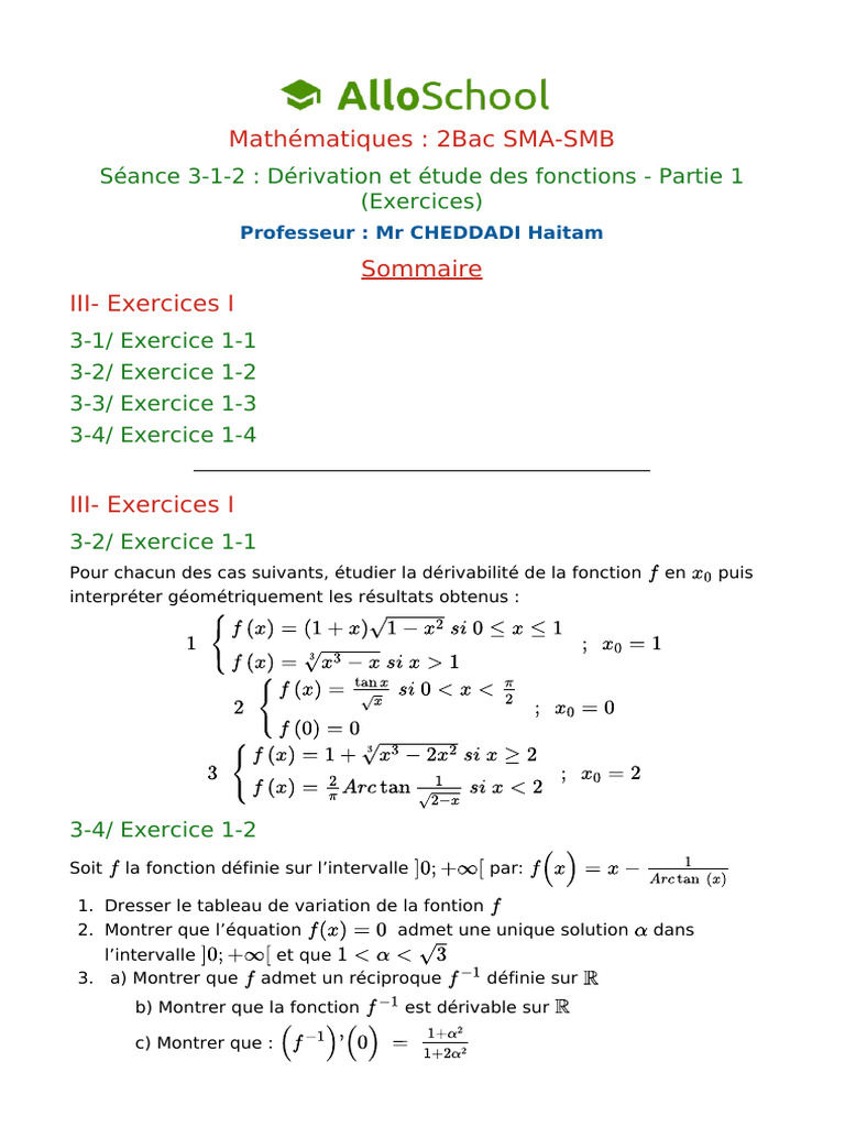 Dérivation et fonctions : Exercices Bac 2 | PDF