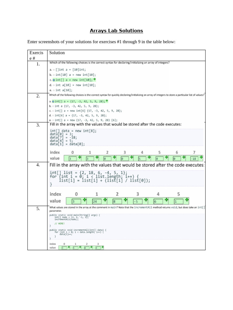 Arrays Lab Solutions: Exercises 1-9 | PDF