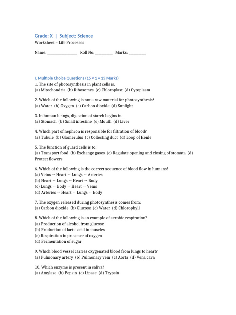 Grade10_Science_Worksheet_Life_Processes | PDF | Digestion | Cellular ...