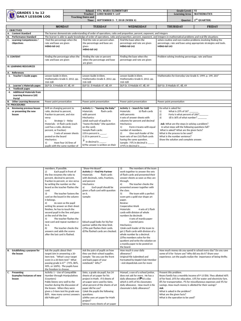 Grade 6 Math Lesson Plan: Percentages | PDF | Percentage | Learning