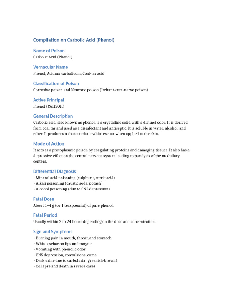 Carbolic Acid (Phenol) Poisoning Guide | PDF