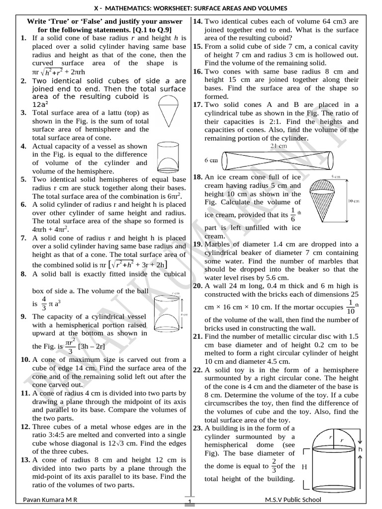 Surface Areas and Volumes - Worksheet | PDF | Sphere | Volume