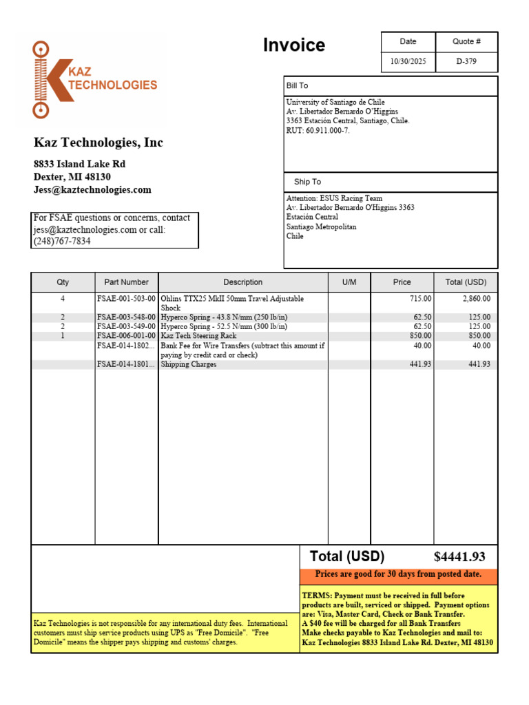 Invoice for Kaz Technologies Products | PDF | Wire Transfer | Banking