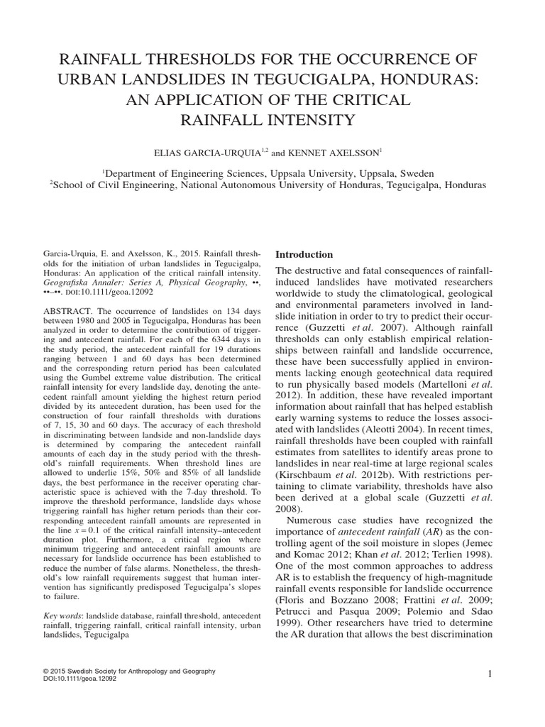 Rainfall Thresholds For The Occurrence of Urban Landslides in ...