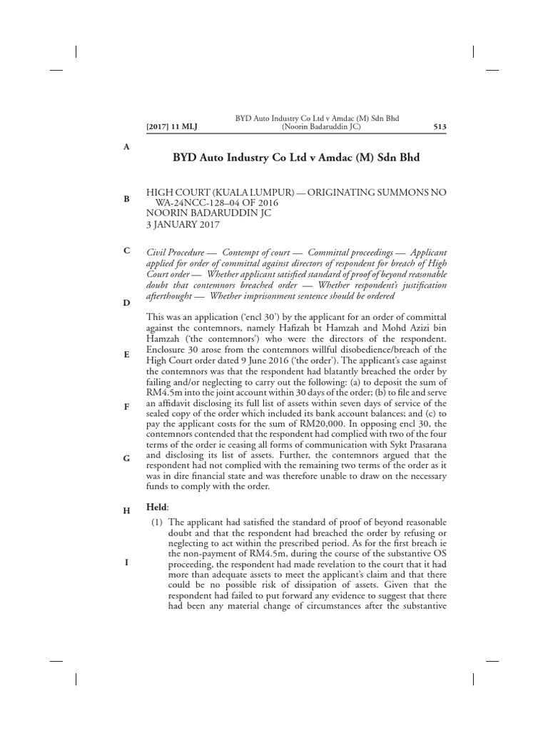 BYD Auto v Amdac: Contempt Ruling Summary | PDF | Contempt Of Court ...