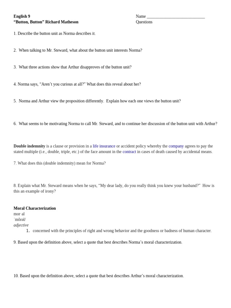 Button Button Reading Questions | PDF