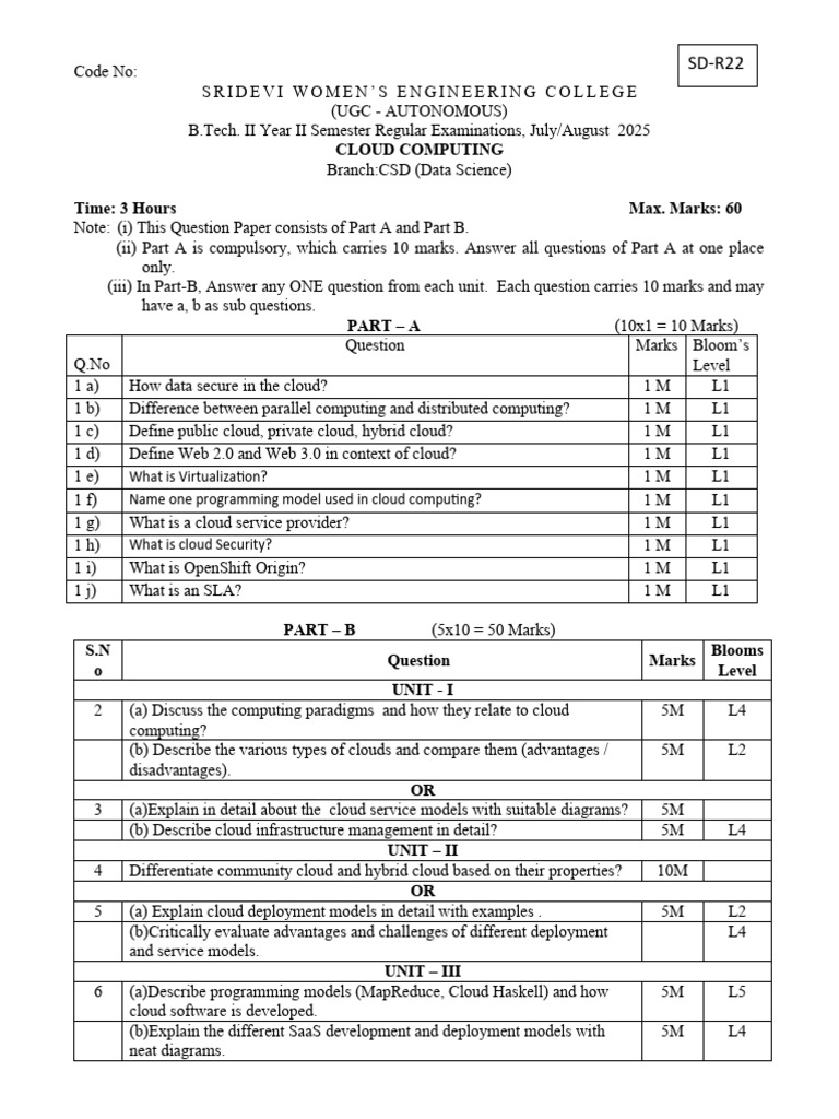 Cloud Computing Exam Paper - B.Tech 2025 | PDF | Cloud Computing ...