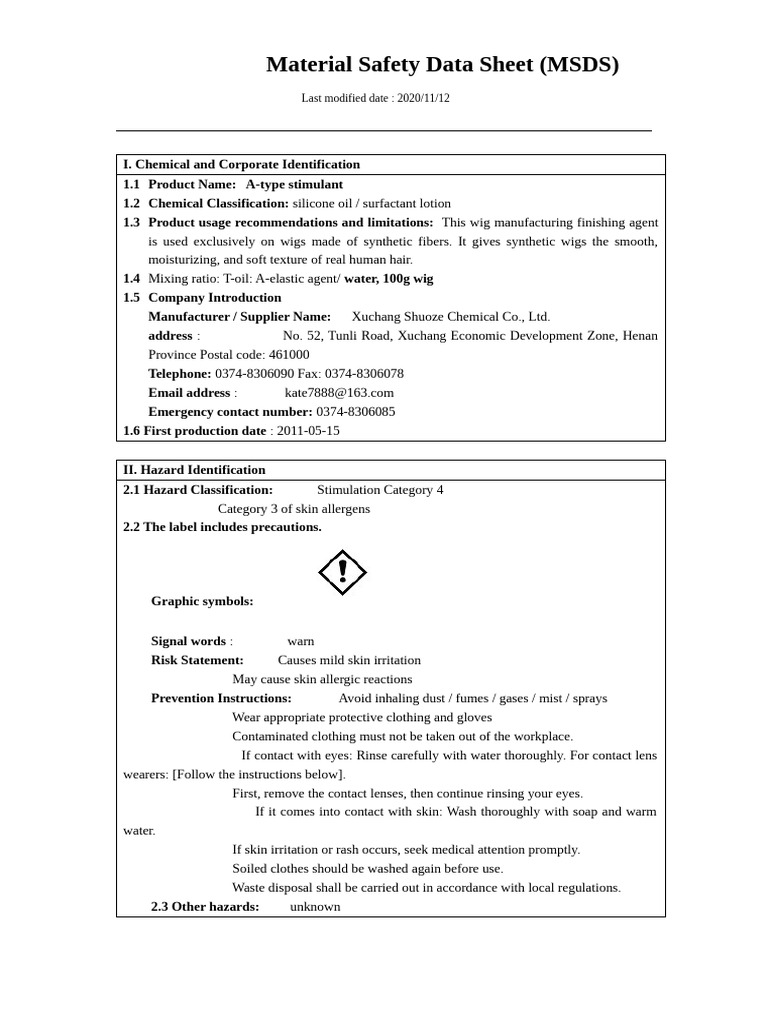 A-type Stimulant MSDS for Wigs | PDF | Toxicity | Contact Lens