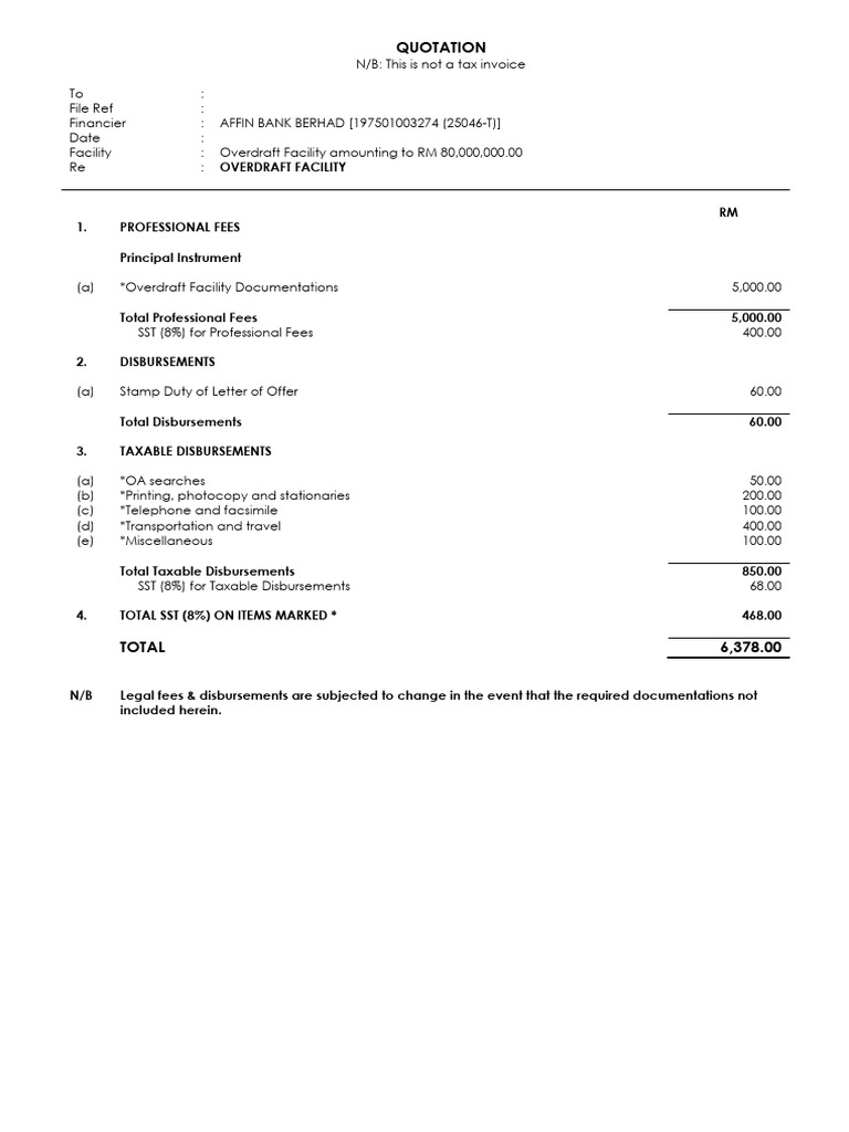 Overdraft Facility Quotation Breakdown | PDF