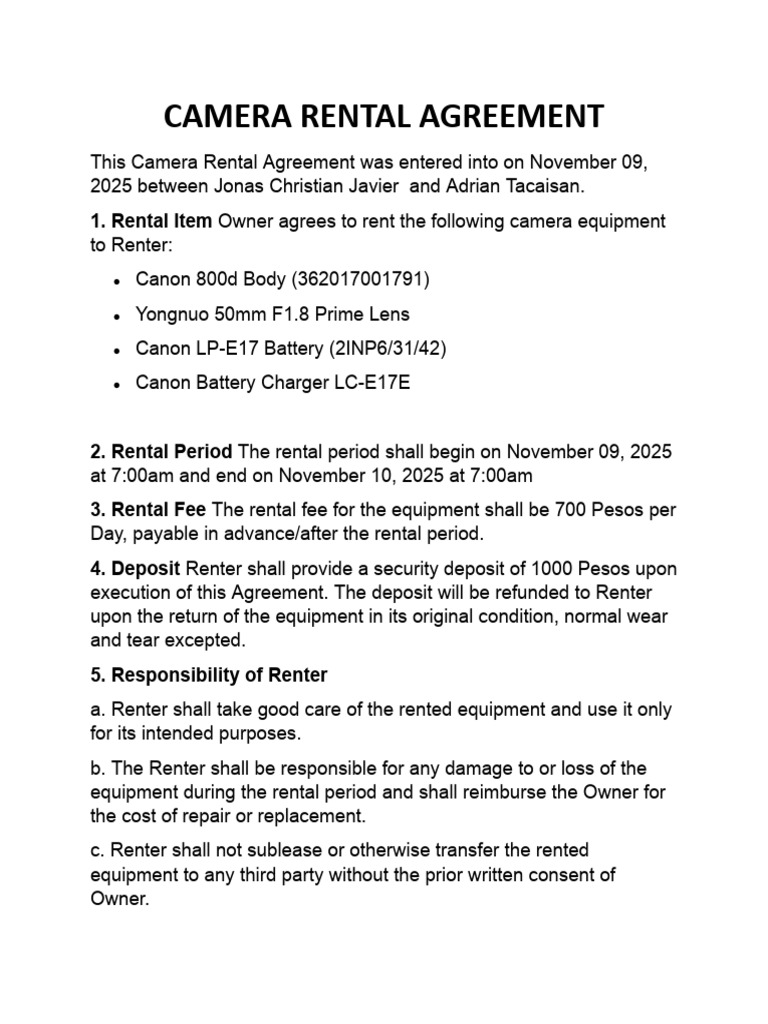 Camera Rental Agreement Template | PDF | Renting | Lease