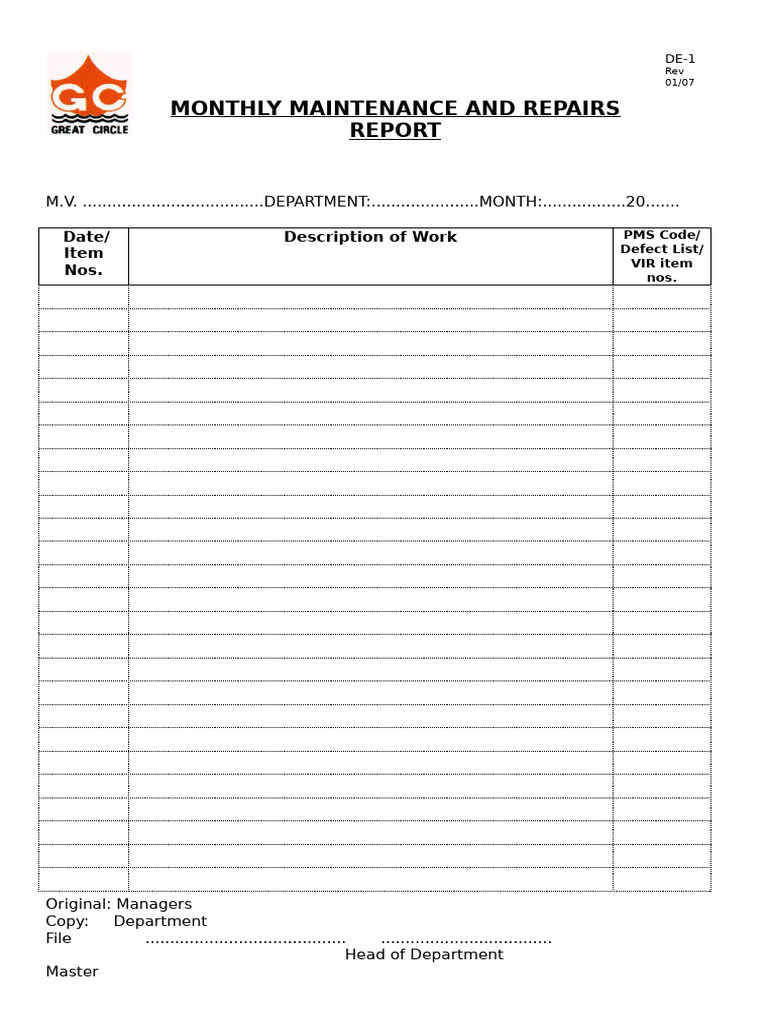 Monthly Maintenance Report Template | PDF
