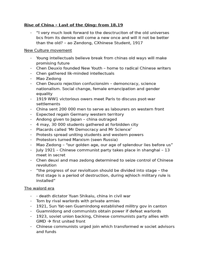 Rise of China - Last of The Qing Video Notes | PDF | Mao Zedong | China