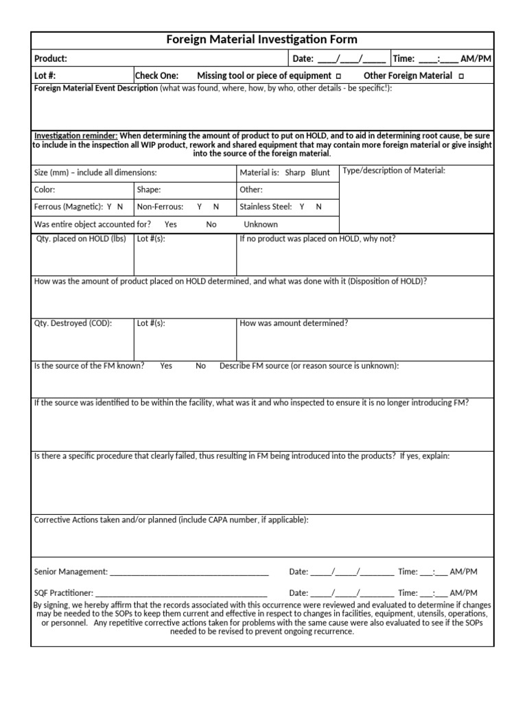 Foreign Material Investigation Form | PDF
