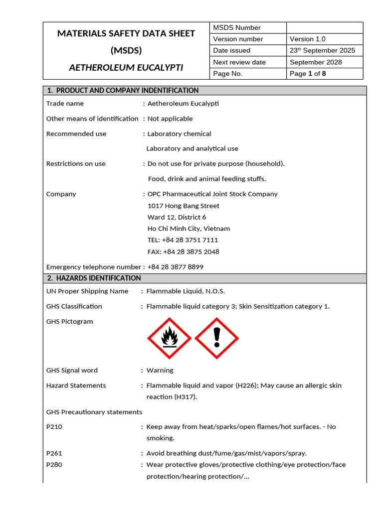 Materials Safety Data Sheet-Td Bach Dan | PDF | Dangerous Goods | Chemistry