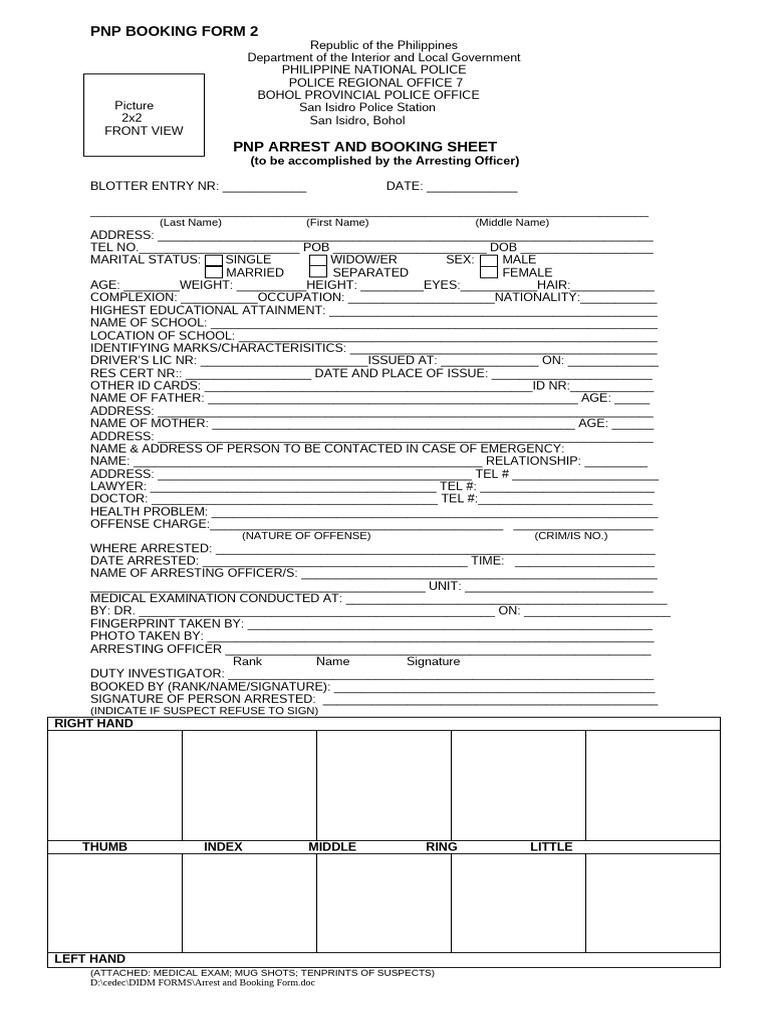 PNP Arrest and Booking Form Template | PDF | Government | Law Enforcement