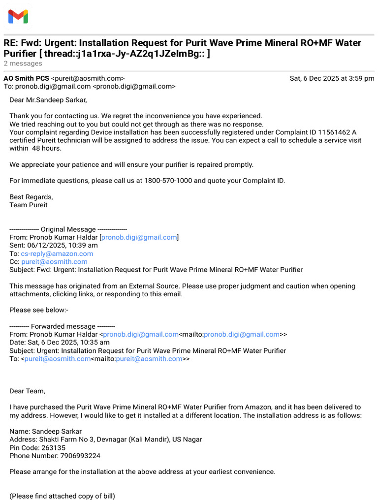 Gmail - RE - FWD - Urgent - Installation Request For Purit Wave ...